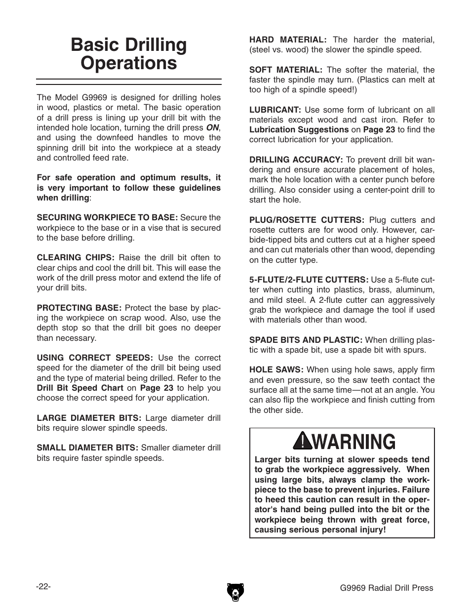 Basic drilling operations | Grizzly G9969 User Manual | Page 24 / 44