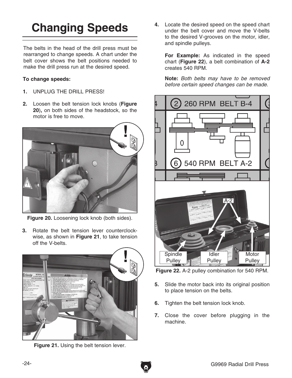 Changing speeds | Grizzly G9969 User Manual | Page 26 / 44