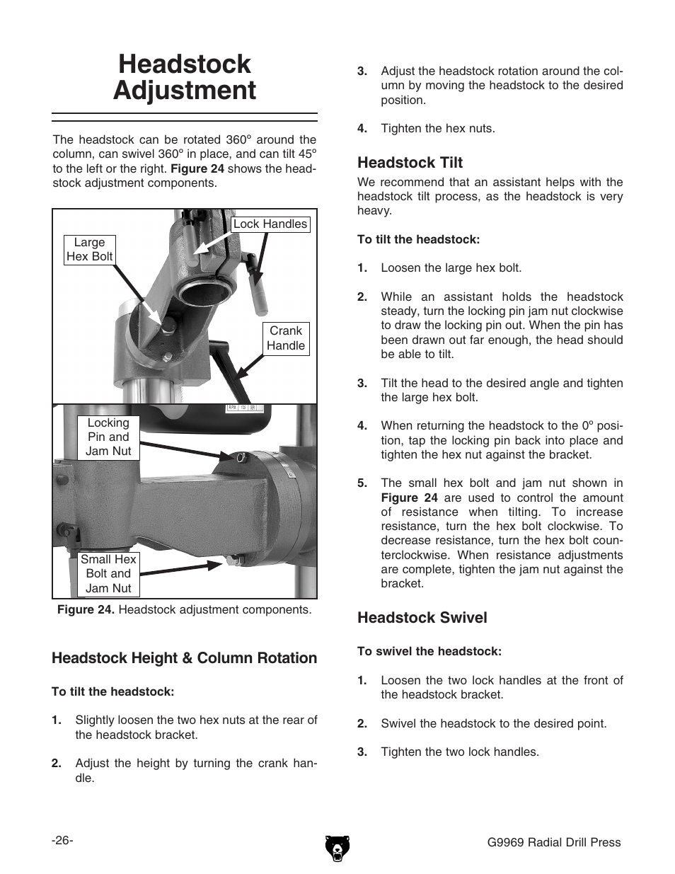 Headstock adjustment | Grizzly G9969 User Manual | Page 28 / 44