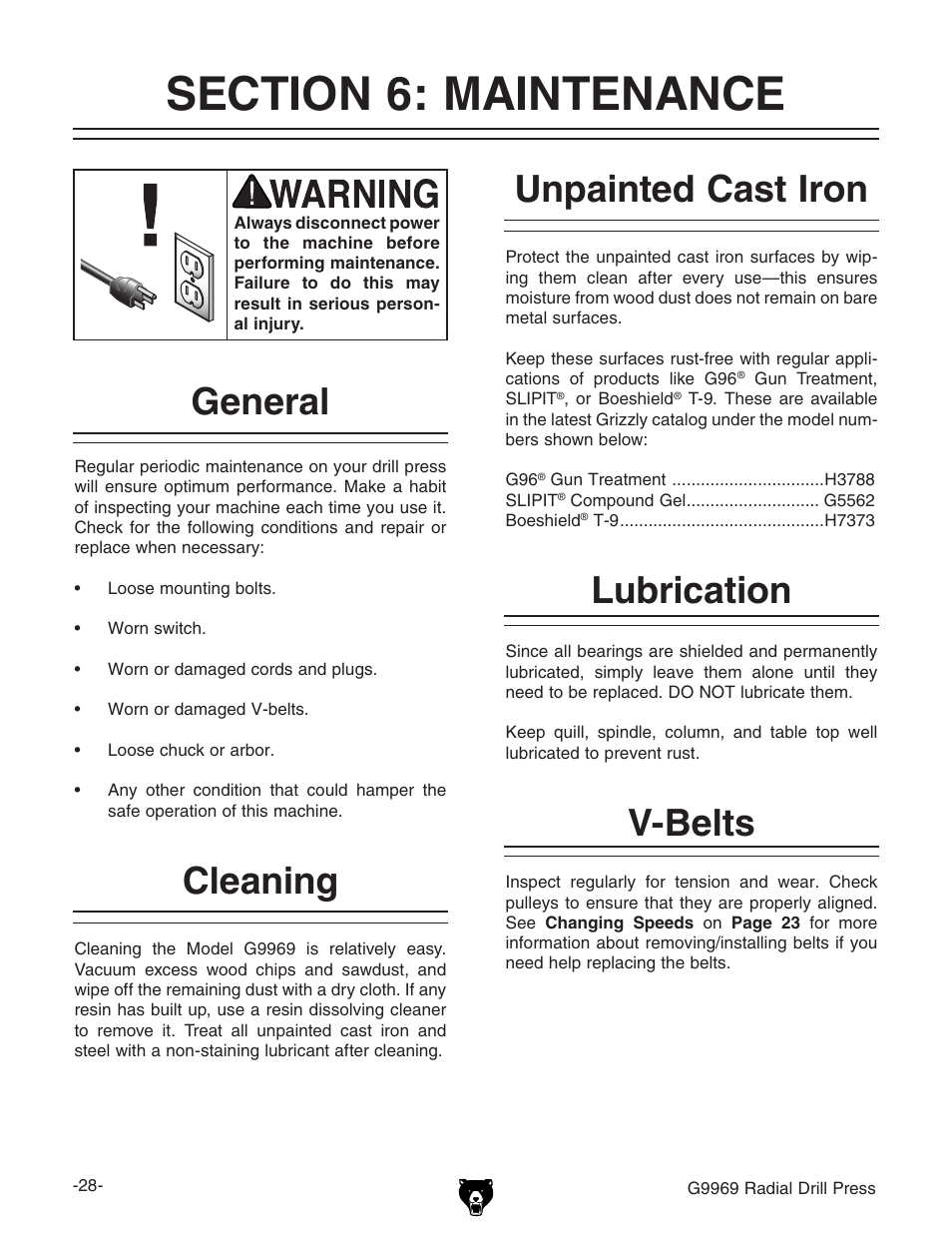 Unpainted cast iron, Cleaning lubrication, V-belts | General | Grizzly G9969 User Manual | Page 30 / 44