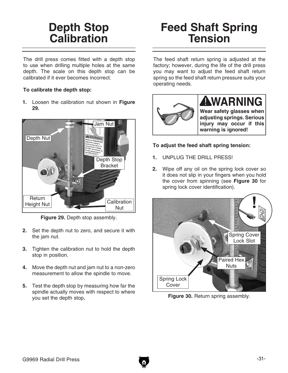 Depth stop calibration, Feed shaft spring tension | Grizzly G9969 User Manual | Page 33 / 44