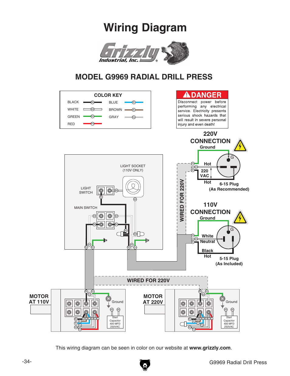 Wiring diagram, G9969 radial drill press | Grizzly G9969 User Manual | Page 36 / 44