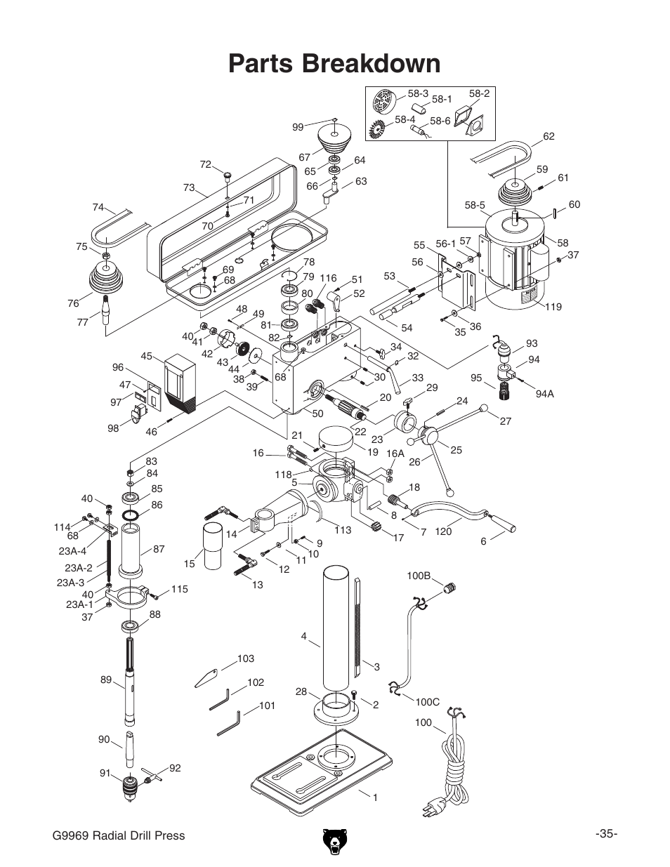 Parts breakdown | Grizzly G9969 User Manual | Page 37 / 44