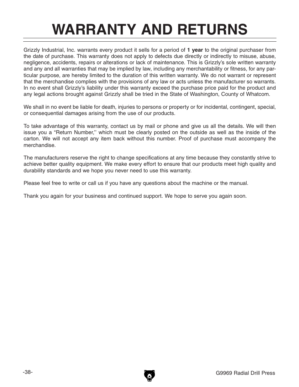 Warranty and returns | Grizzly G9969 User Manual | Page 40 / 44