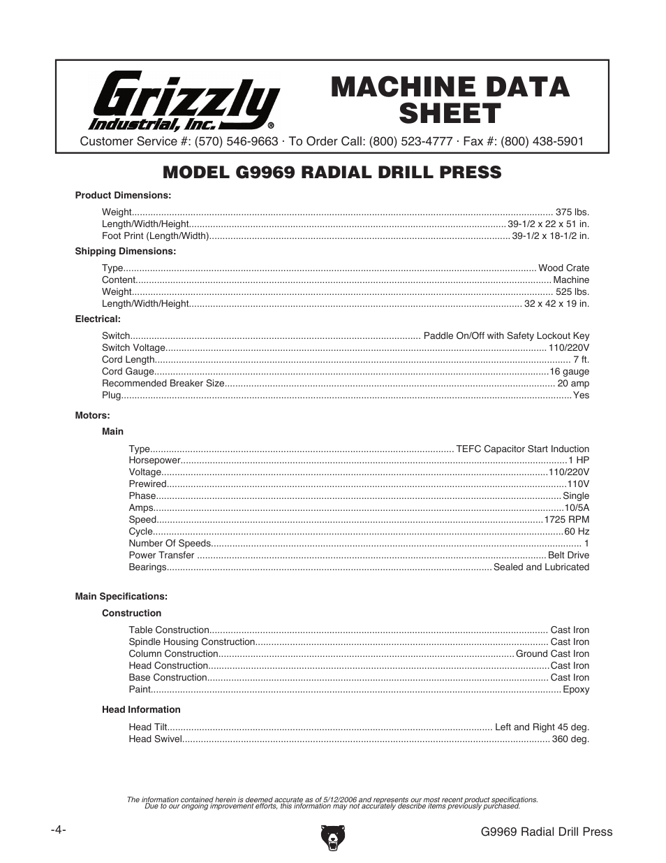 Machine data sheet, Model g9969 radial drill press | Grizzly G9969 User Manual | Page 6 / 44