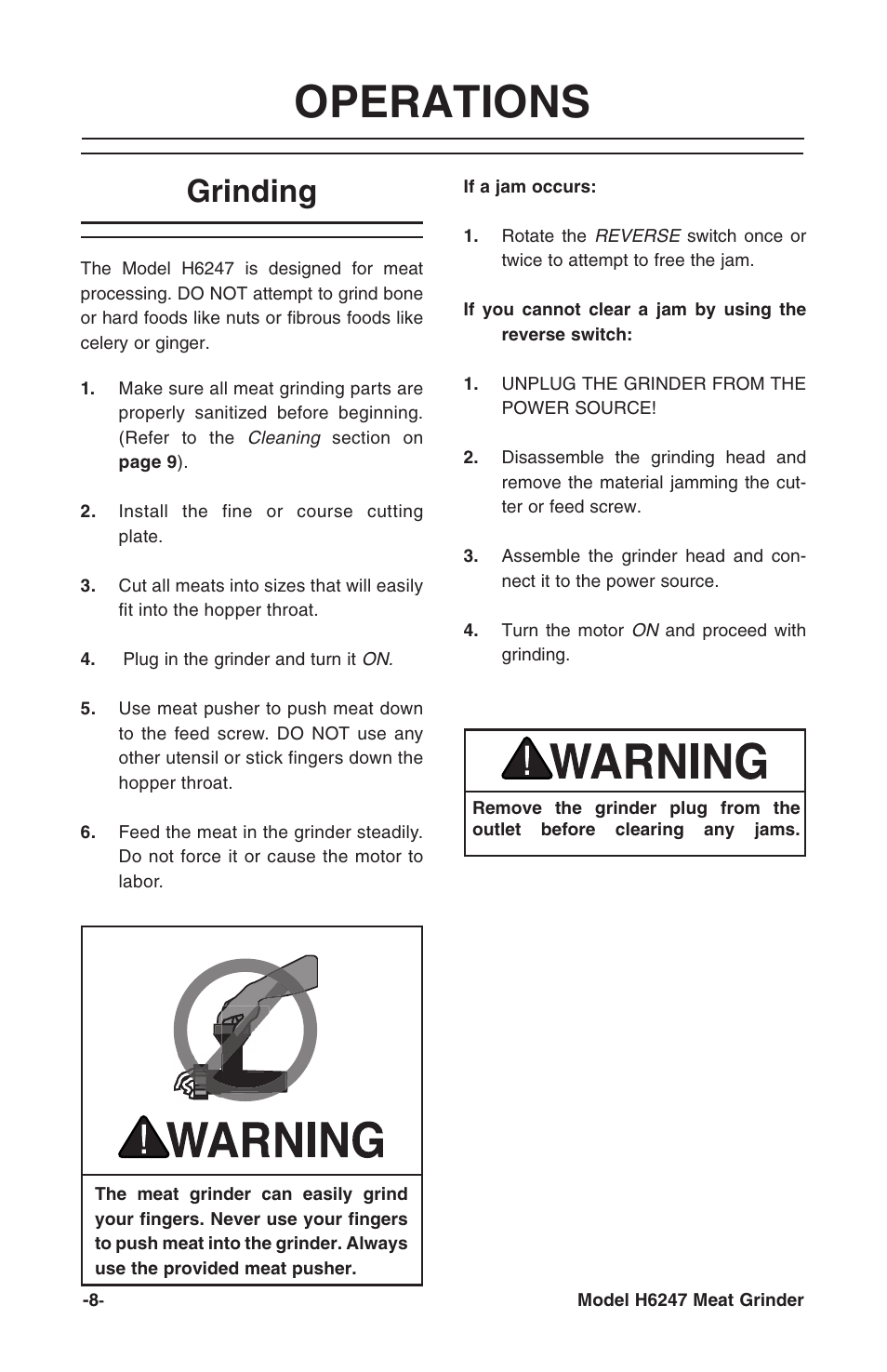 Operations, Grinding | Grizzly H6247 User Manual | Page 10 / 16