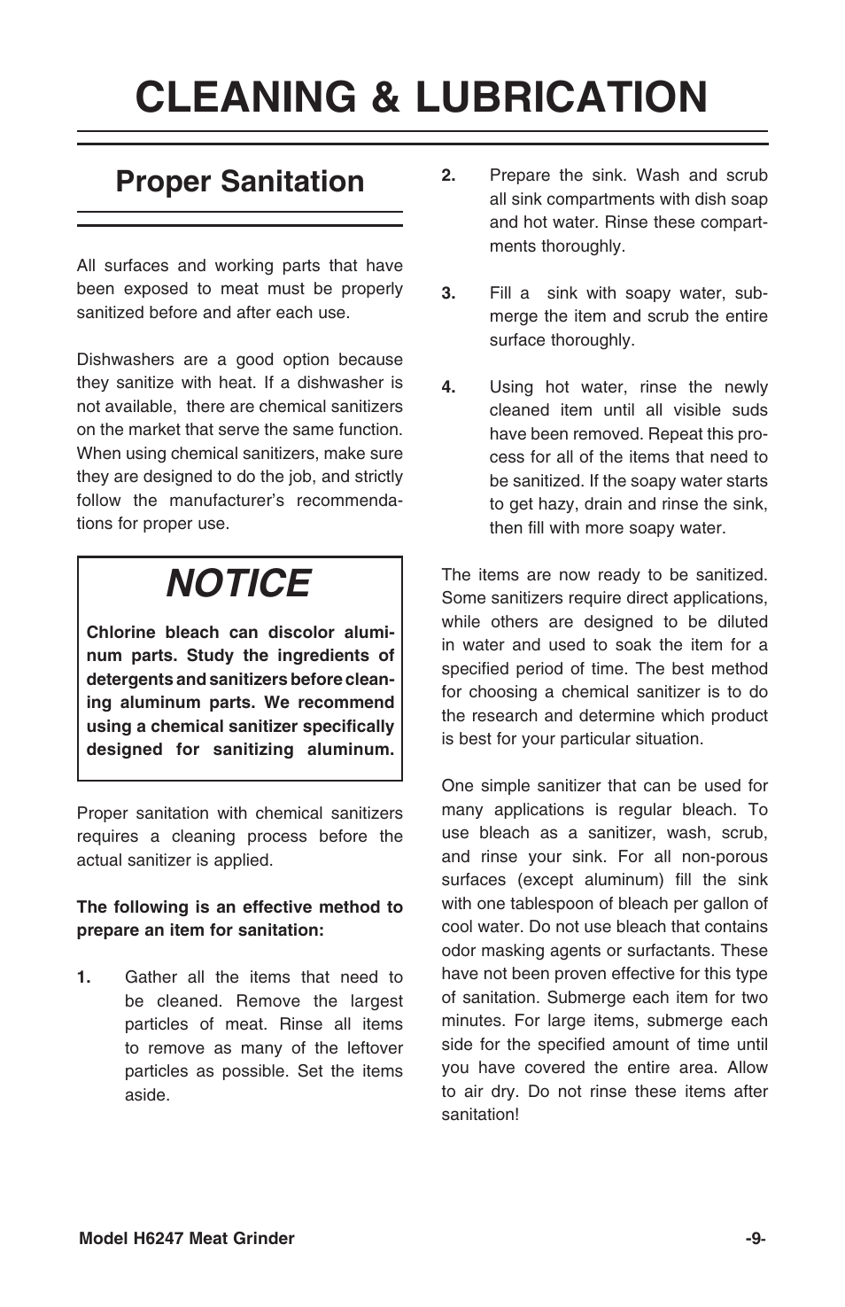 Cleaning & lubrication, Notice, Proper sanitation | Grizzly H6247 User Manual | Page 11 / 16