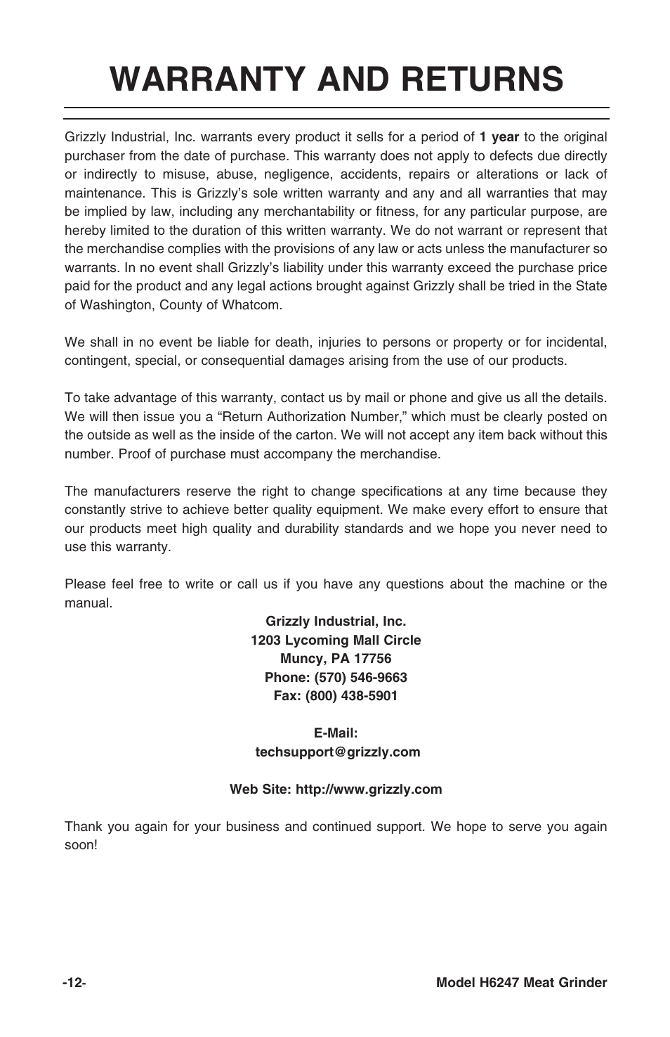 Warranty and returns | Grizzly H6247 User Manual | Page 14 / 16