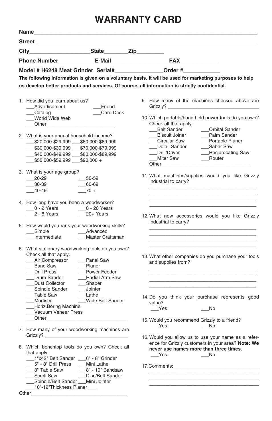 Warranty card | Grizzly H6247 User Manual | Page 15 / 16