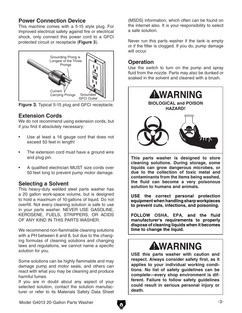 Power connection device, Selecting a solvent, Extension cords | Operation | Grizzly G4013 User Manual | Page 3 / 8