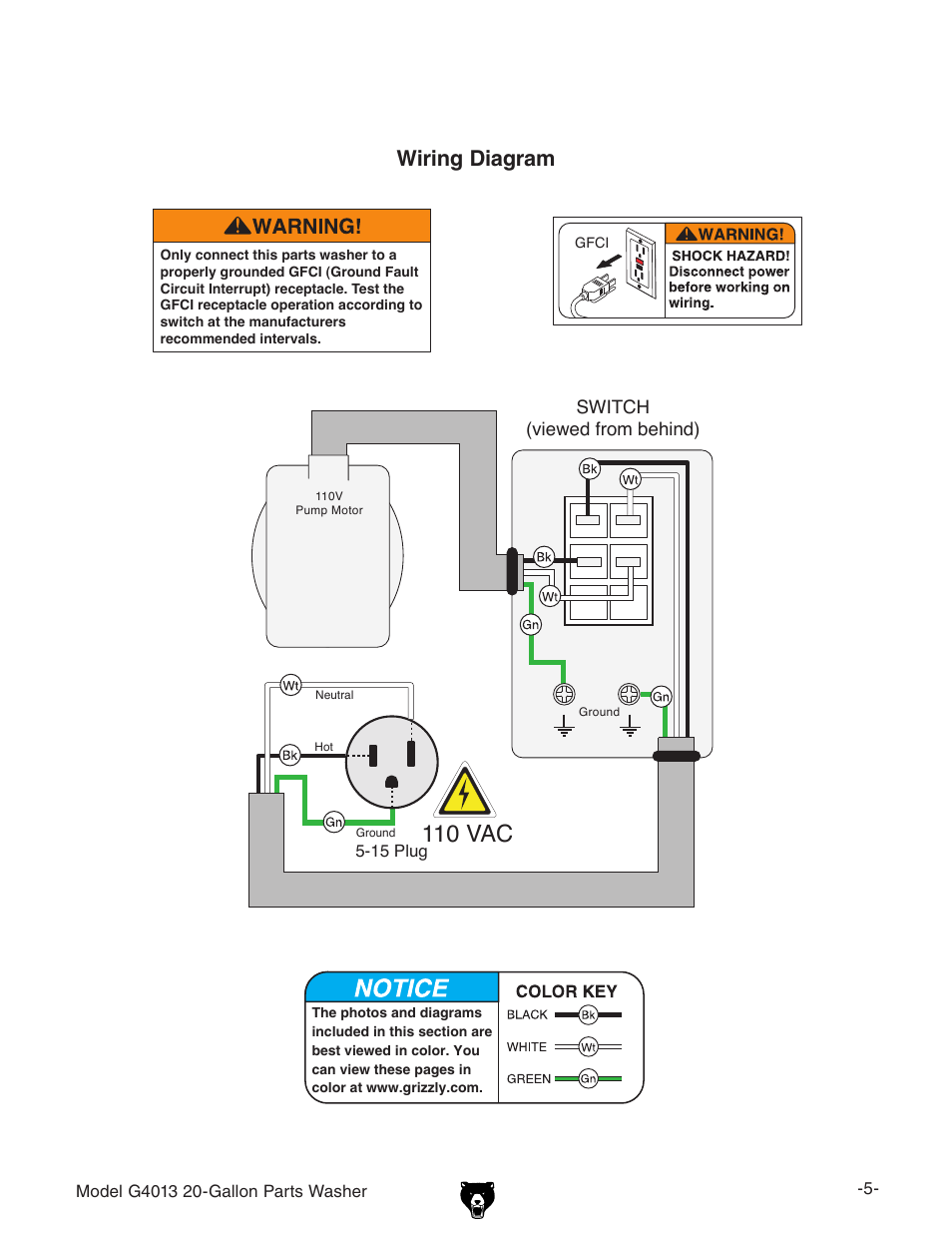110 vac, Wiring diagram | Grizzly G4013 User Manual | Page 5 / 8