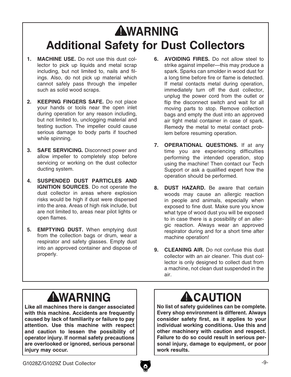 Additional safety for dust collectors | Grizzly G1028Z/G1029Z User Manual | Page 11 / 40