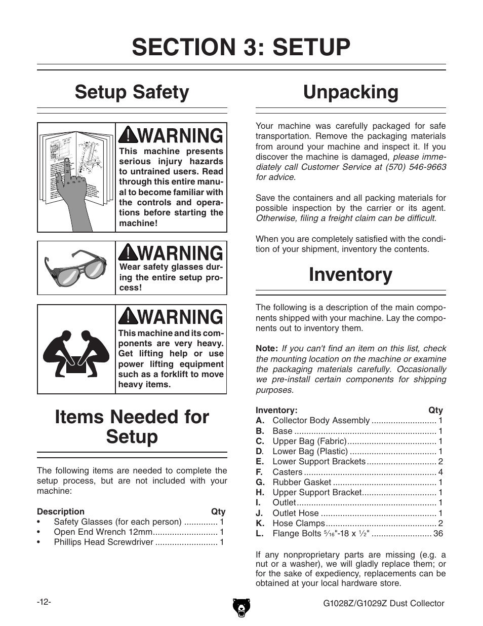 Setup safety, Unpacking, Inventory | Items needed for setup | Grizzly G1028Z/G1029Z User Manual | Page 14 / 40