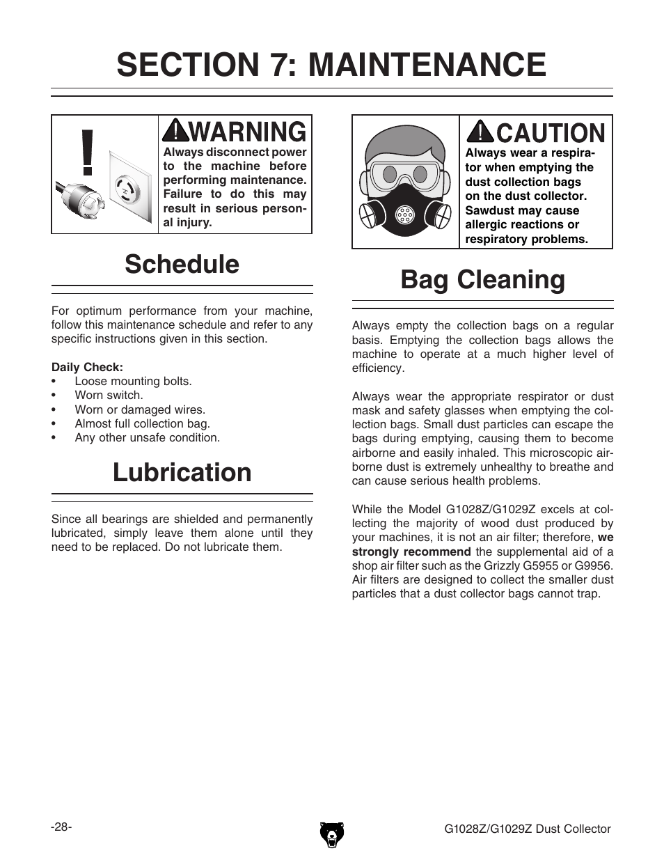 Bag cleaning, Lubrication, Schedule | Grizzly G1028Z/G1029Z User Manual | Page 30 / 40