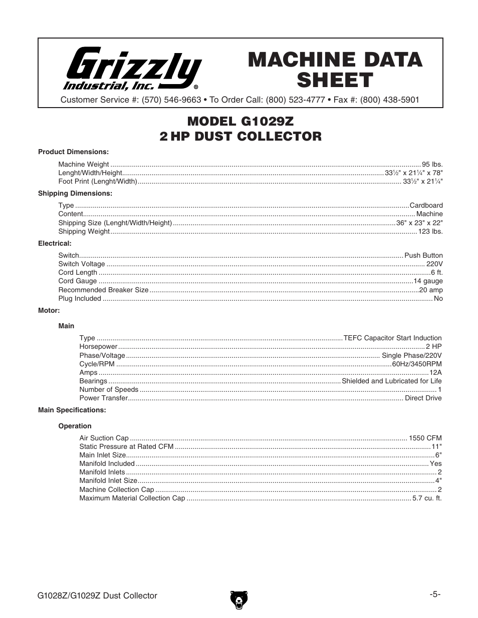 Machine data sheet | Grizzly G1028Z/G1029Z User Manual | Page 7 / 40