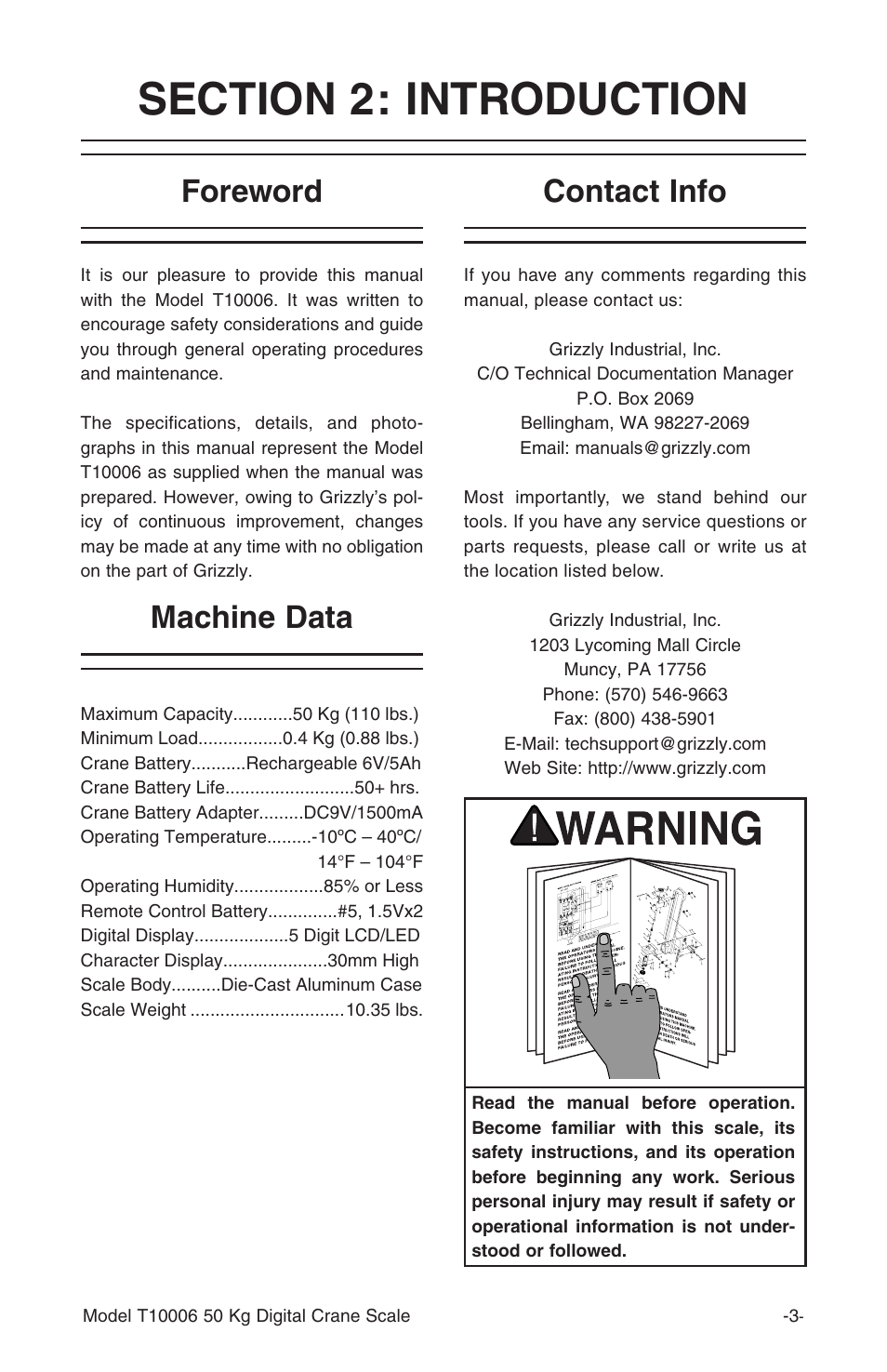 Foreword, Machine data, Contact info | Grizzly T10006 User Manual | Page 4 / 16