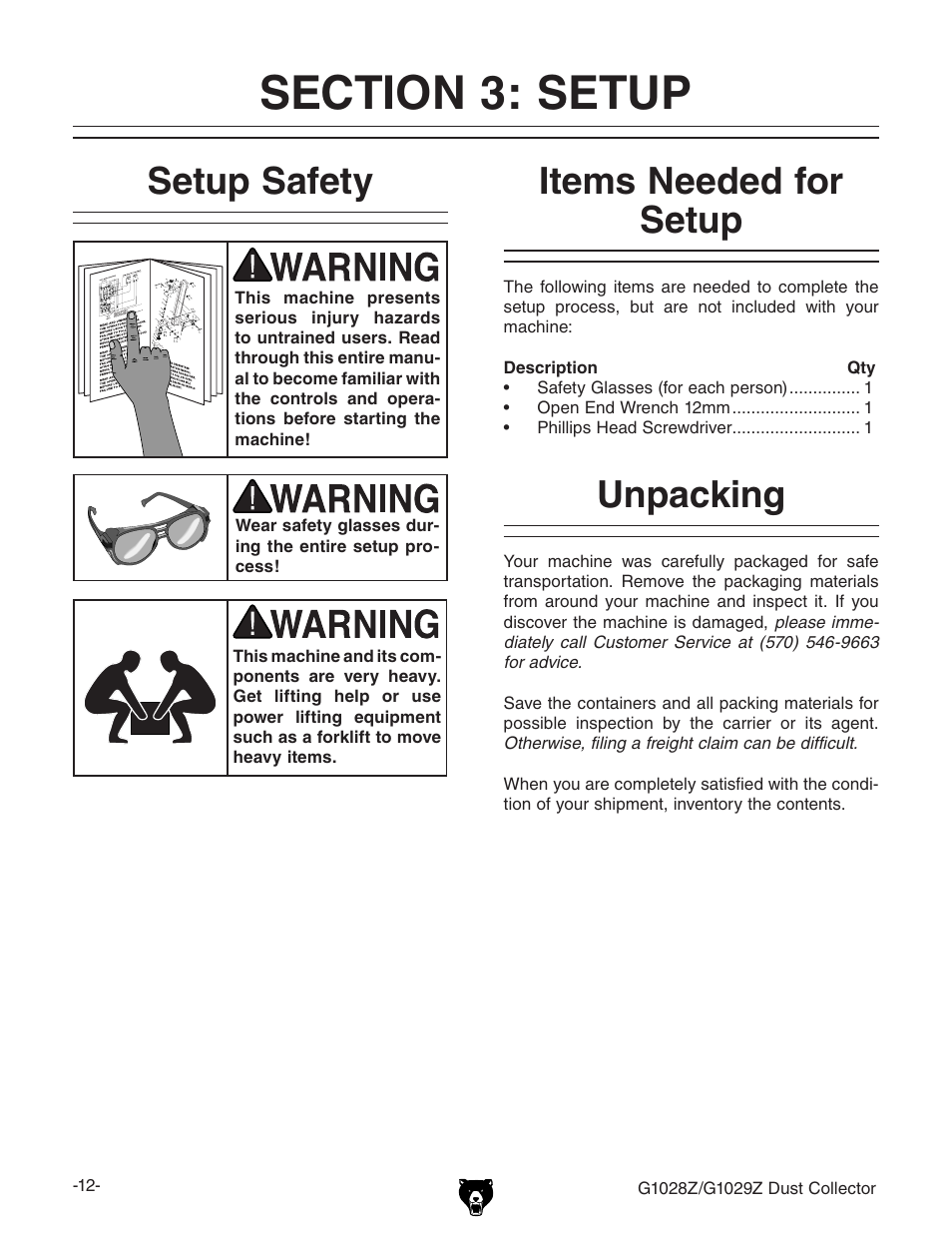 Setup safety, Unpacking, Items needed for setup | Grizzly G1029Z User Manual | Page 14 / 40