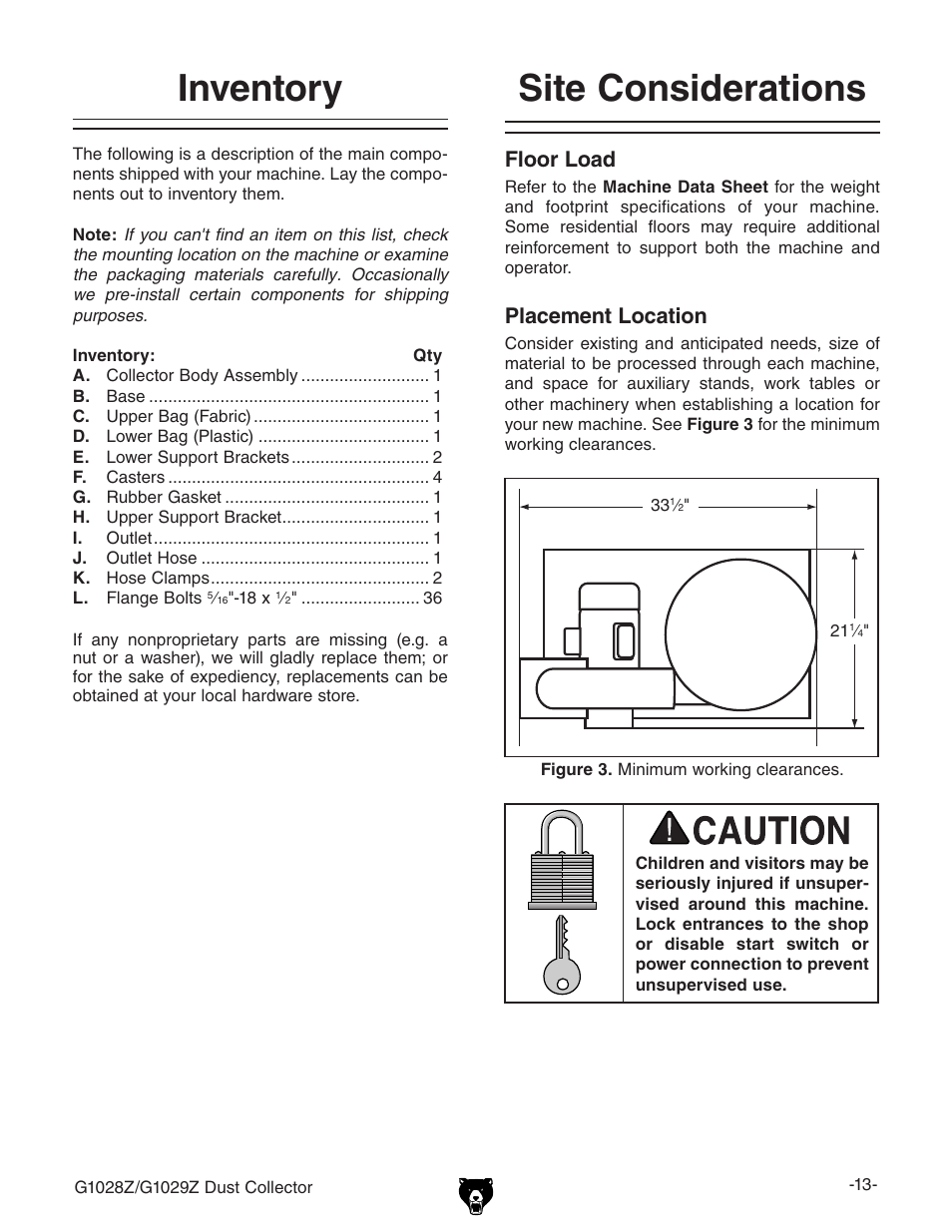 Inventory, Site considerations, Floor load | Placement location | Grizzly G1029Z User Manual | Page 15 / 40