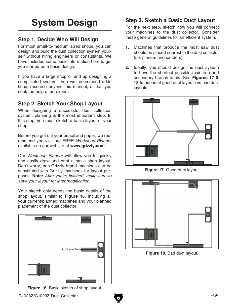 System design, Step 1. decide who will design, Step 2. sketch your shop layout | Step 3. sketch a basic duct layout | Grizzly G1029Z User Manual | Page 21 / 40