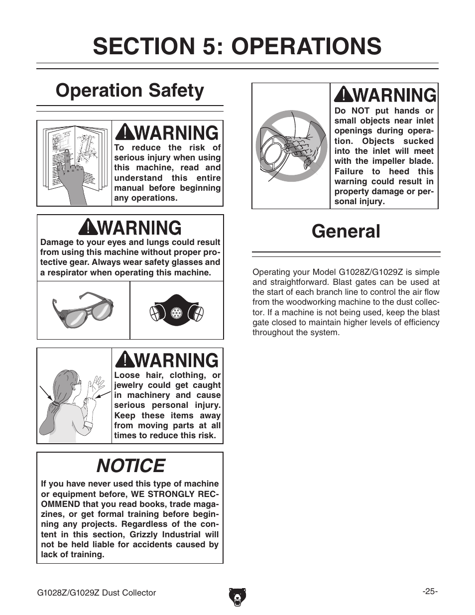 Notice, Operation safety, General | Grizzly G1029Z User Manual | Page 27 / 40