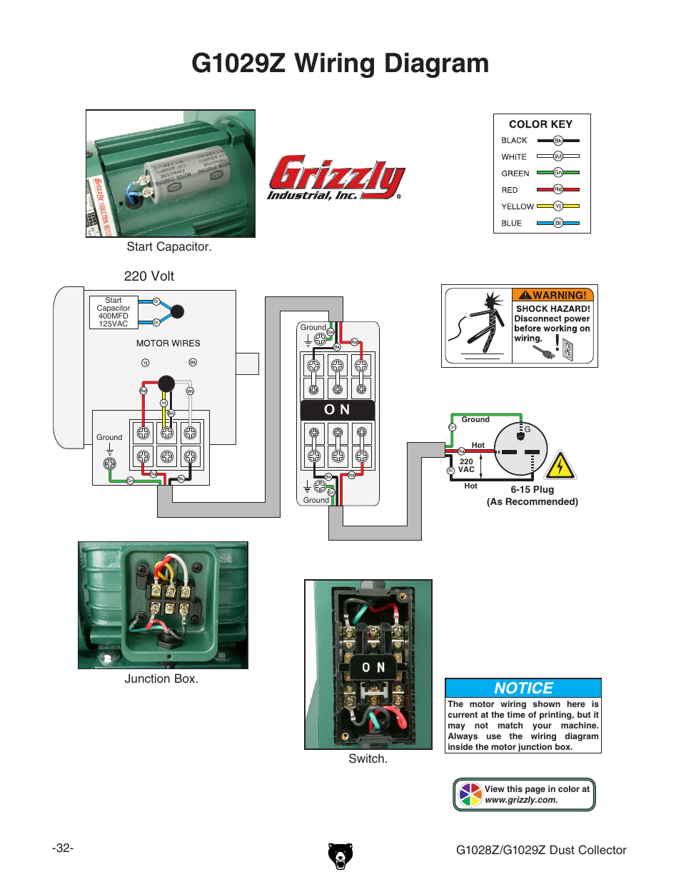 G1029z wiring diagram, Kdai, Start capacitor. junction box. switch | Grizzly G1029Z User Manual | Page 34 / 40