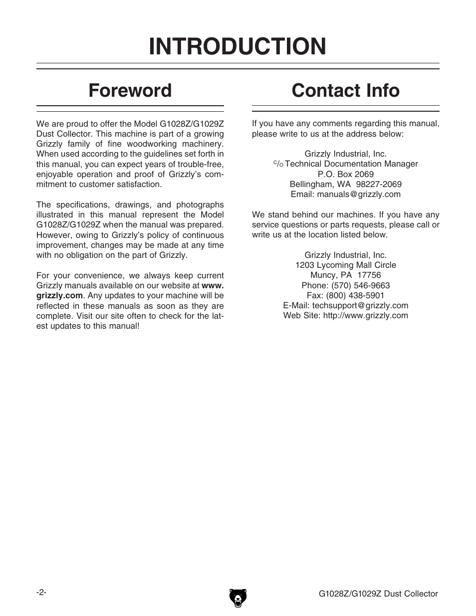 Introduction, Foreword, Contact info | Grizzly G1029Z User Manual | Page 4 / 40
