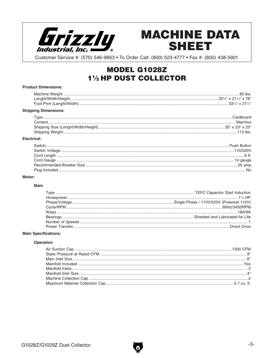 Machine data sheet | Grizzly G1029Z User Manual | Page 5 / 40