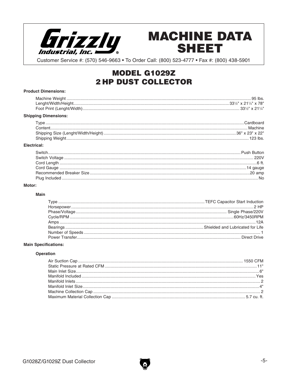 Machine data sheet | Grizzly G1029Z User Manual | Page 7 / 40