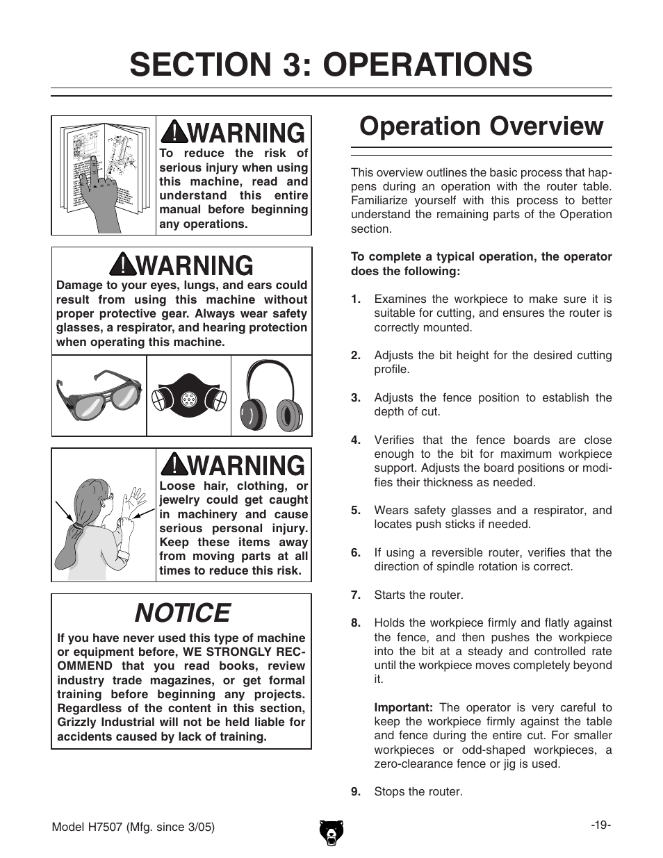 Operation overview, Notice | Grizzly H7507 User Manual | Page 21 / 32