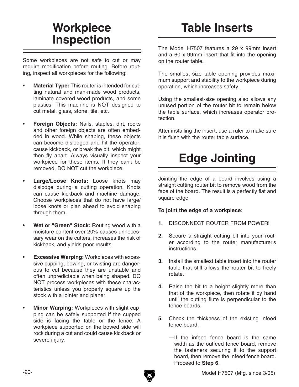 Workpiece inspection, Edge jointing table inserts | Grizzly H7507 User Manual | Page 22 / 32
