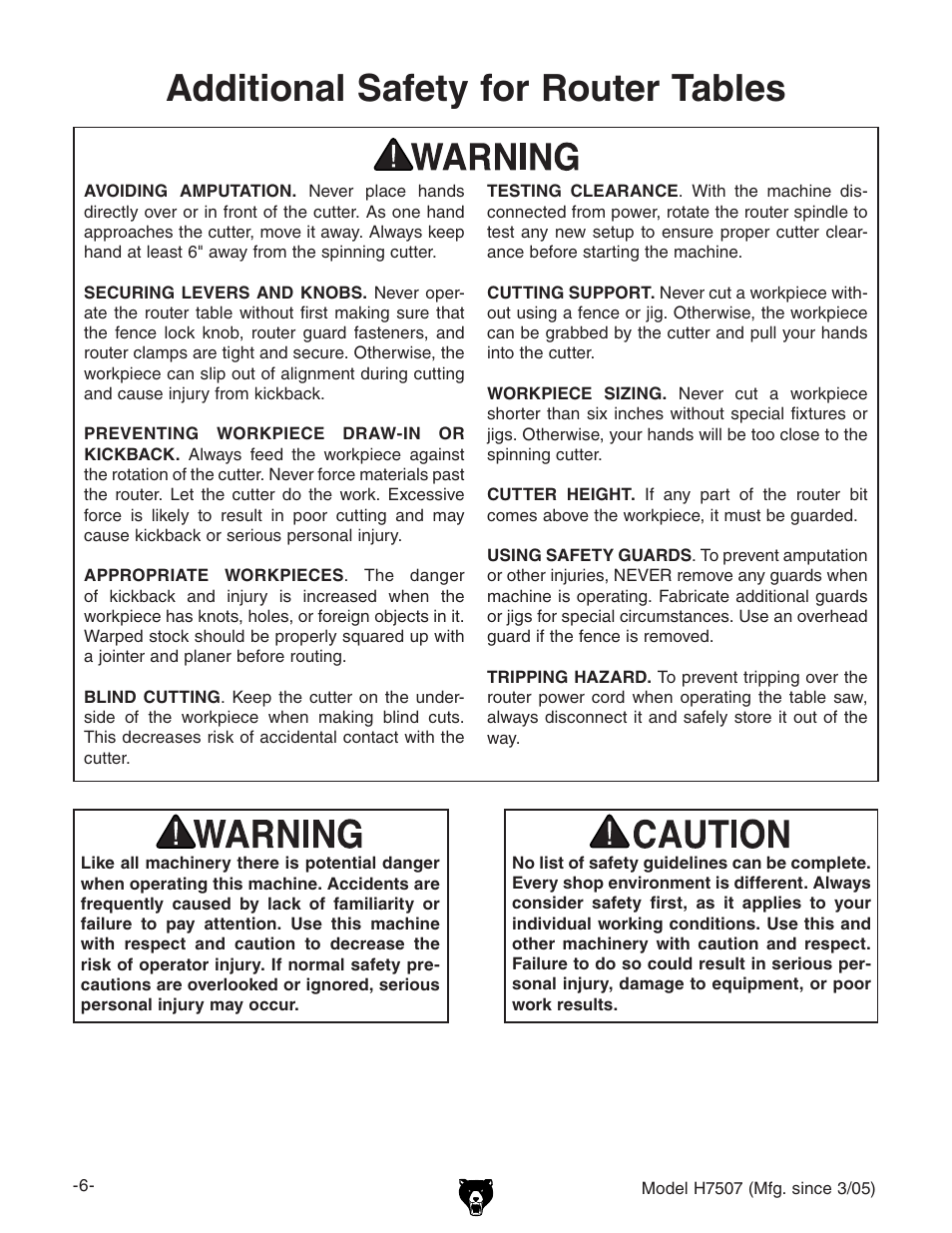 Additional safety for router tables | Grizzly H7507 User Manual | Page 8 / 32
