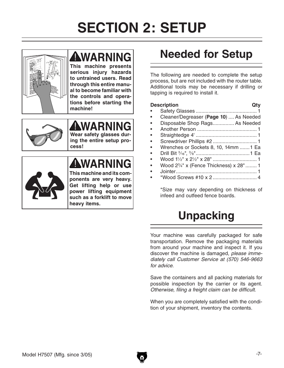 Needed for setup, Unpacking | Grizzly H7507 User Manual | Page 9 / 32