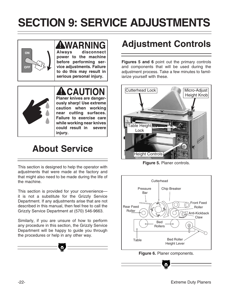 Adjustment controls, About service | Grizzly G9961 User Manual | Page 24 / 76