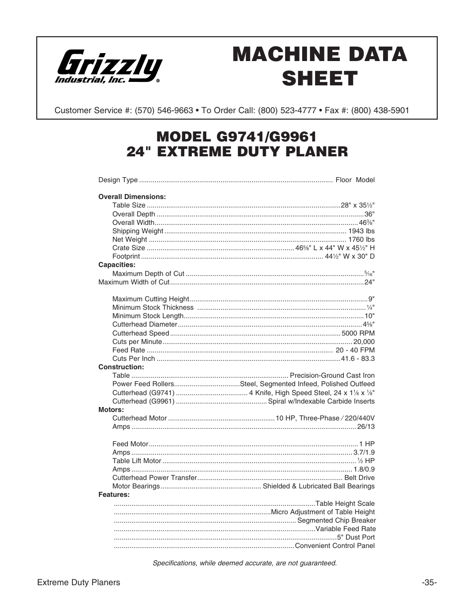 Machine data sheet | Grizzly G9961 User Manual | Page 37 / 76