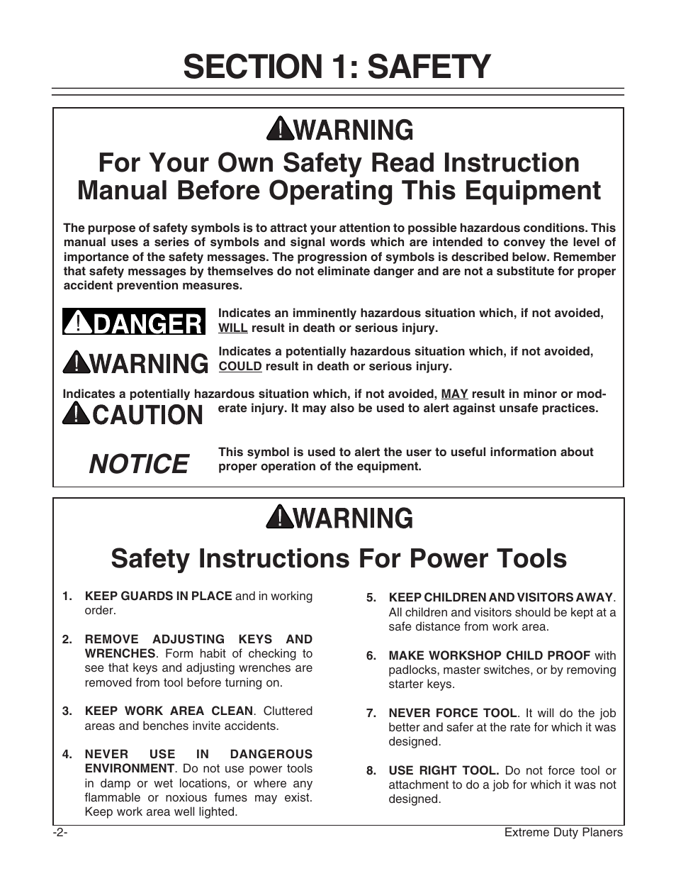 Safety instructions for power tools, Notice | Grizzly G9961 User Manual | Page 4 / 76