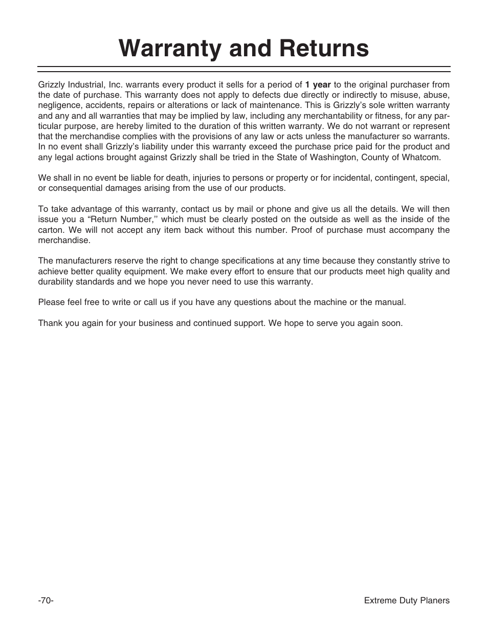 Warranty and returns | Grizzly G9961 User Manual | Page 72 / 76