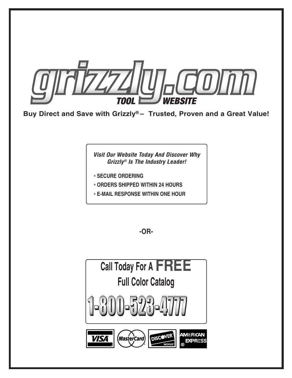 Free, Call today for a, Full color catalog | Grizzly G9961 User Manual | Page 76 / 76
