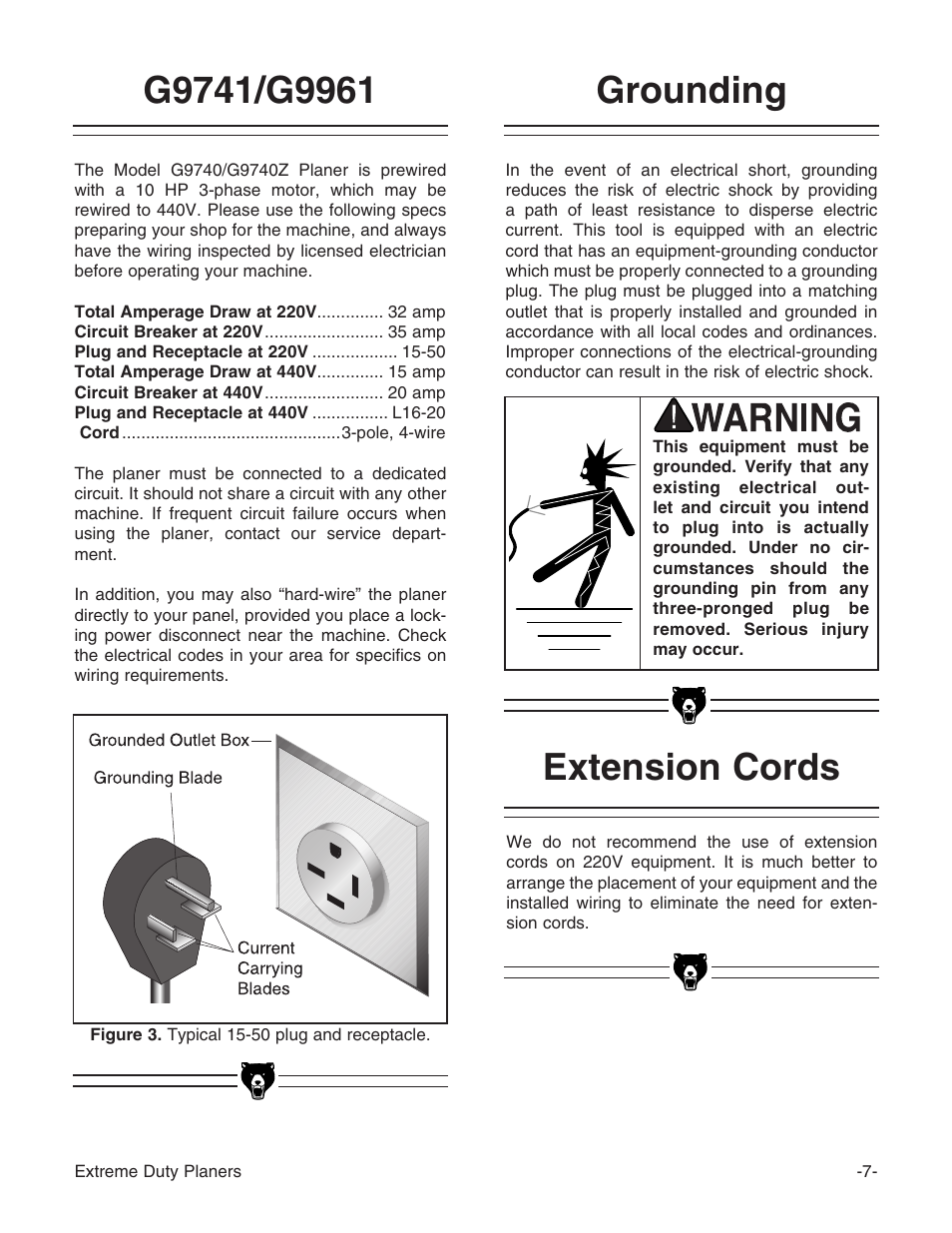 Grounding, Extension cords | Grizzly G9961 User Manual | Page 9 / 76