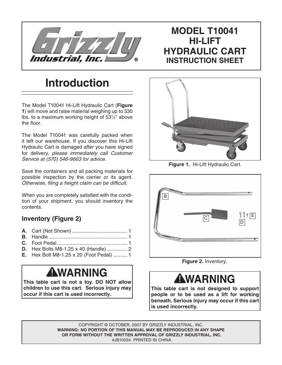 Grizzly Hi-Lift Hydraulic Cart T10041 User Manual | 4 pages