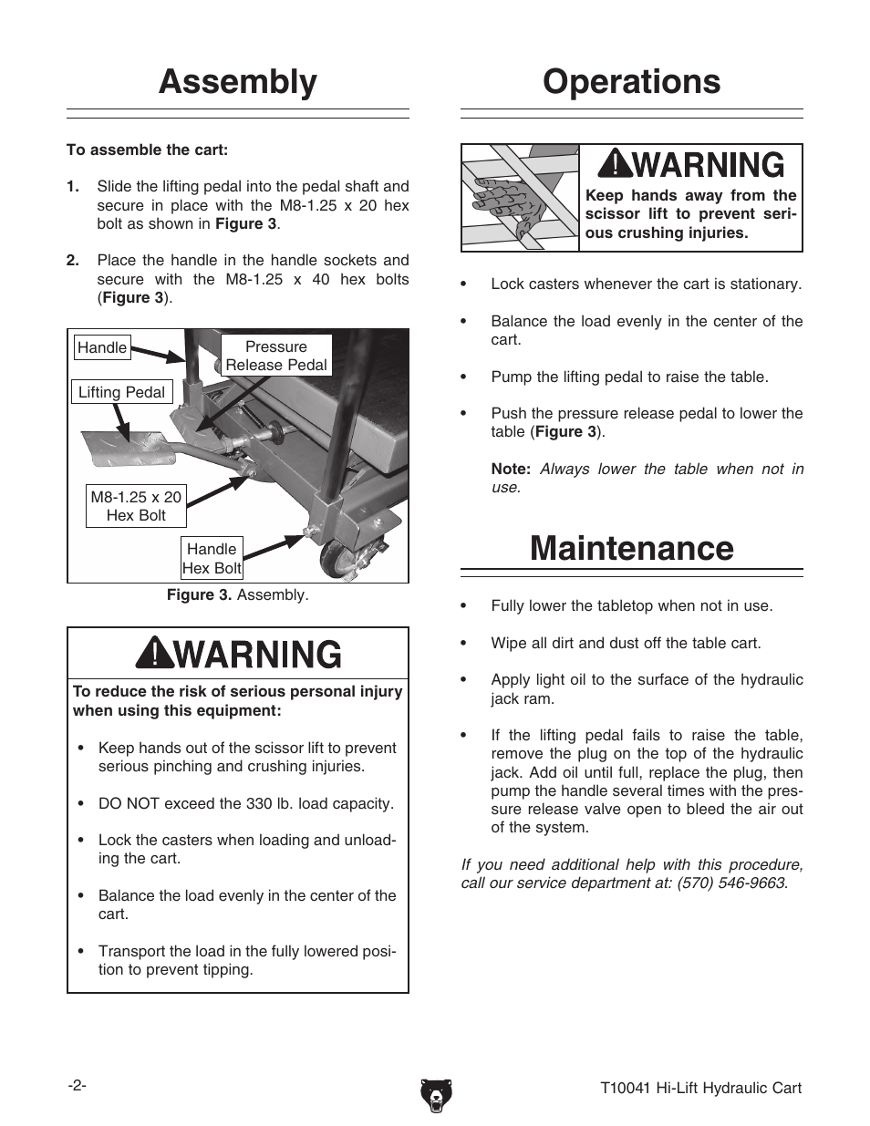 Assembly, Operations, Maintenance | Grizzly Hi-Lift Hydraulic Cart T10041 User Manual | Page 2 / 4