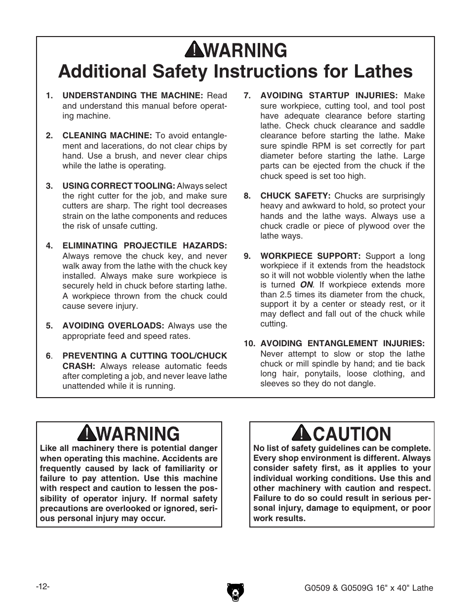 Additional safety instructions for lathes | Grizzly G0509 User Manual | Page 14 / 92