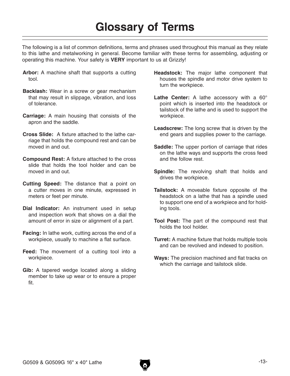 Glossary of terms | Grizzly G0509 User Manual | Page 15 / 92