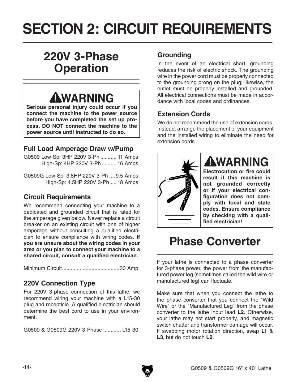 Phase converter 220v 3-phase operation | Grizzly G0509 User Manual | Page 16 / 92