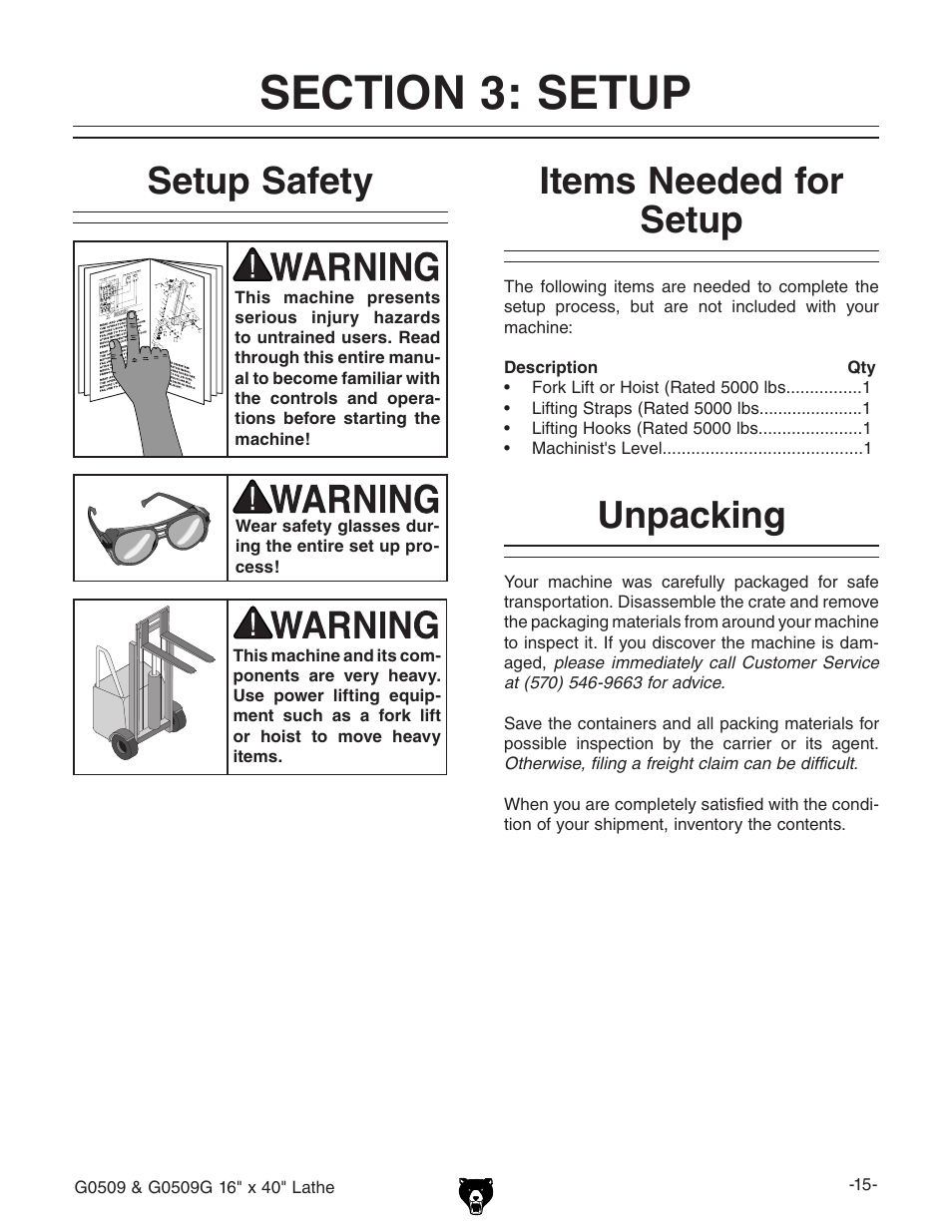 Setup safety, Items needed for setup, Unpacking | Grizzly G0509 User Manual | Page 17 / 92
