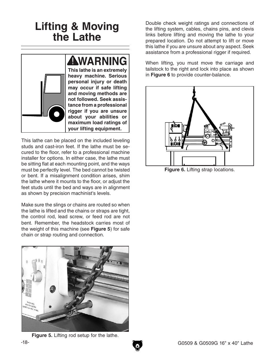 Lifting & moving the lathe | Grizzly G0509 User Manual | Page 20 / 92