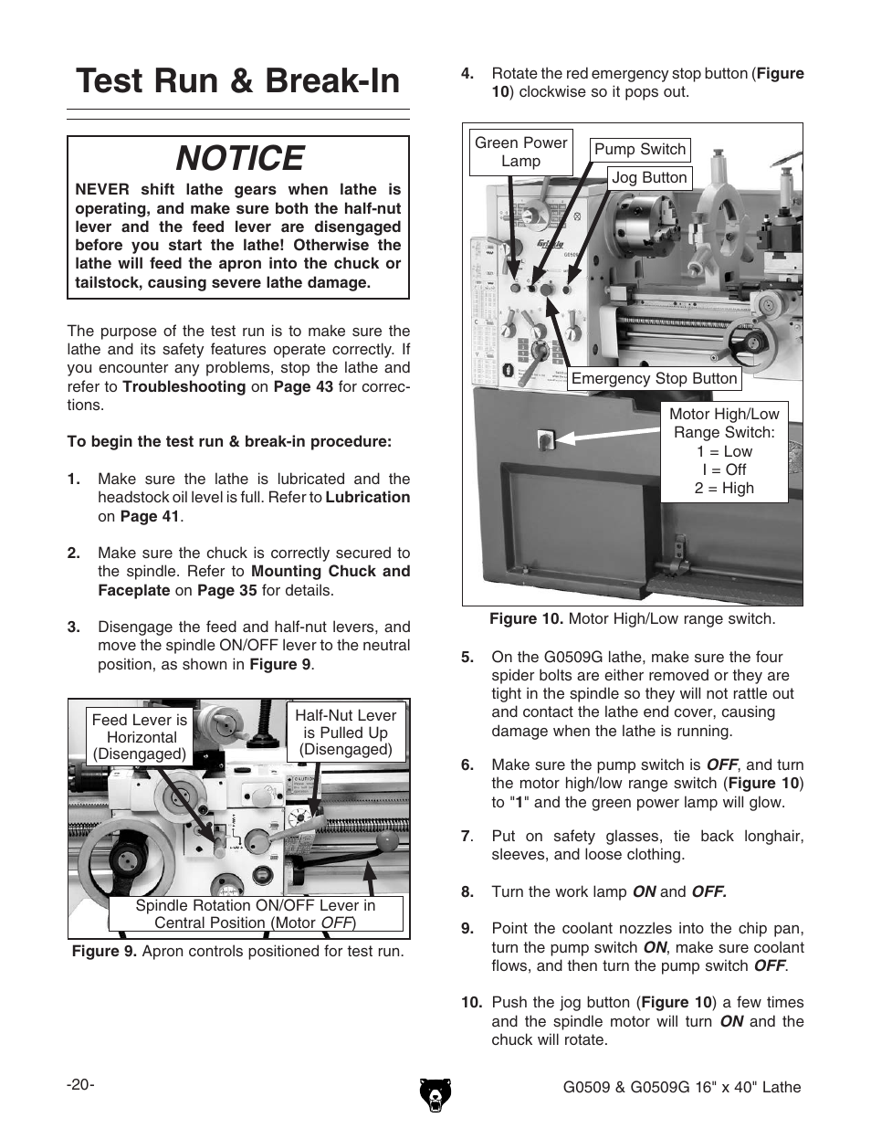 Test run & break-in, Notice | Grizzly G0509 User Manual | Page 22 / 92