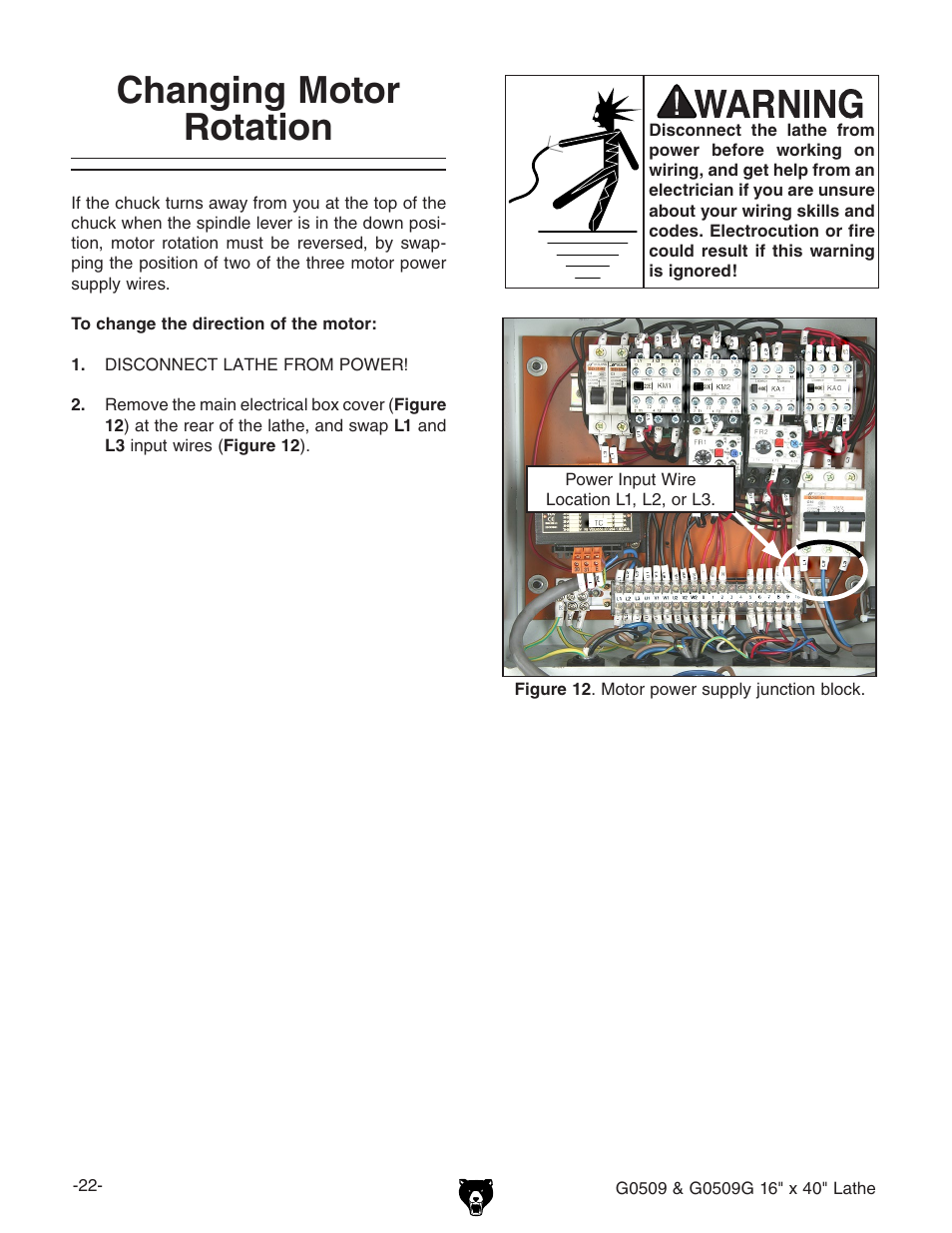Changing motor rotation | Grizzly G0509 User Manual | Page 24 / 92