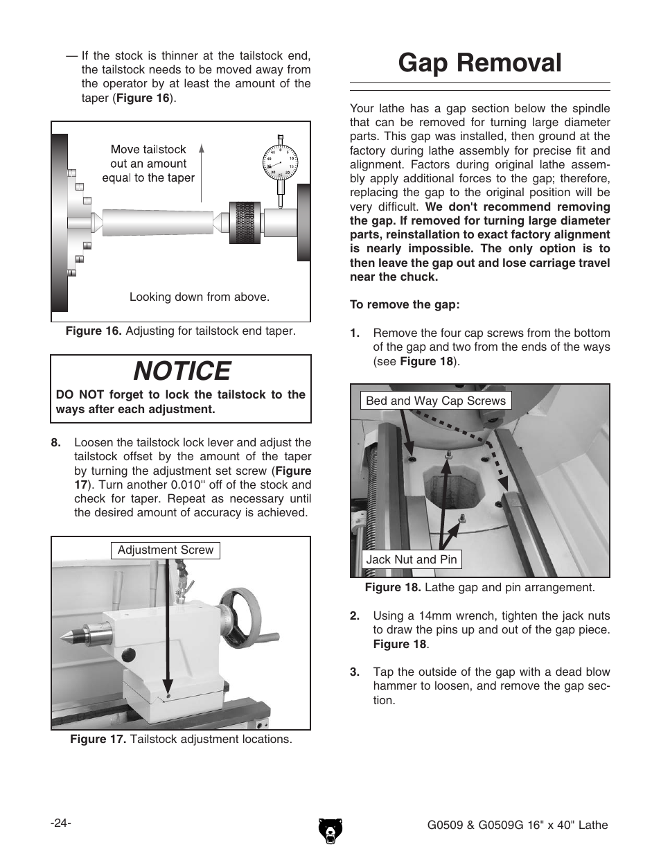 Notice, Gap removal | Grizzly G0509 User Manual | Page 26 / 92