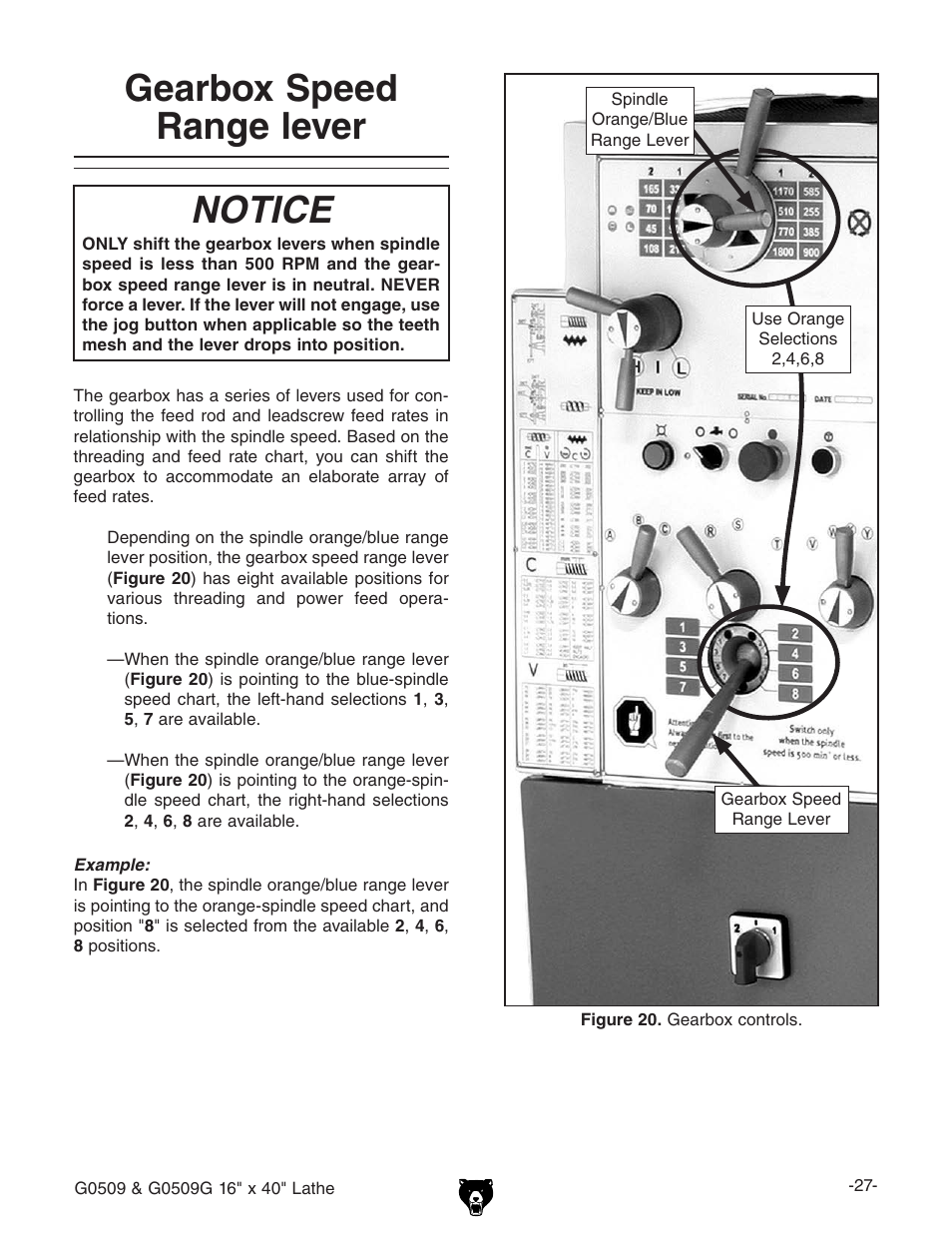 Gearbox speed range lever, Notice | Grizzly G0509 User Manual | Page 29 / 92