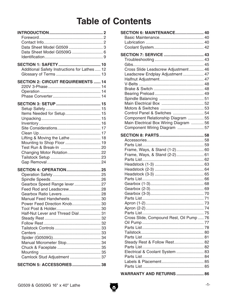 Grizzly G0509 User Manual | Page 3 / 92